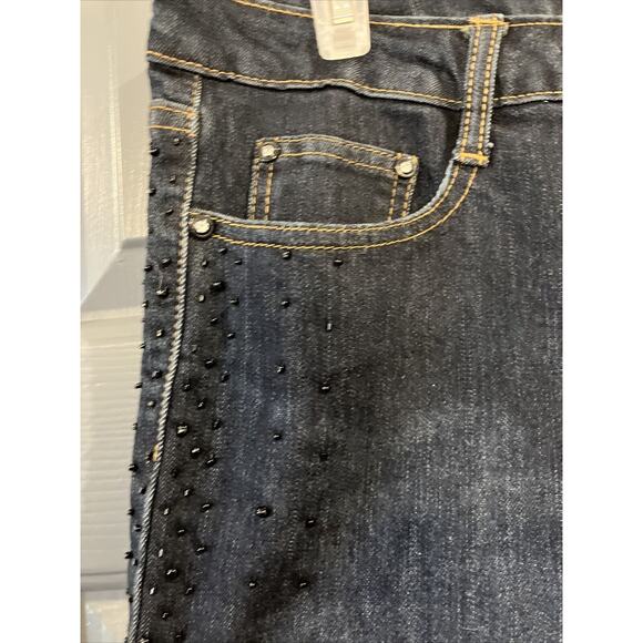 Style New York Womens 10 Black Lace Beaded Hem Dark Wash Blue Denim Jeans - Picture 4 of 9